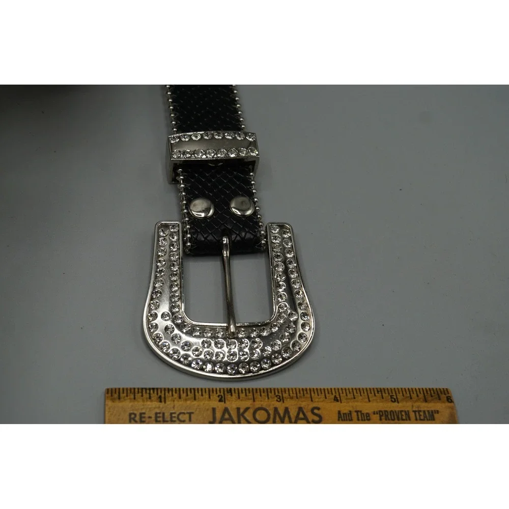 Black Genuine Leather Rhinestone Skull Belt Western Studded Y2K Medium 45 Inch